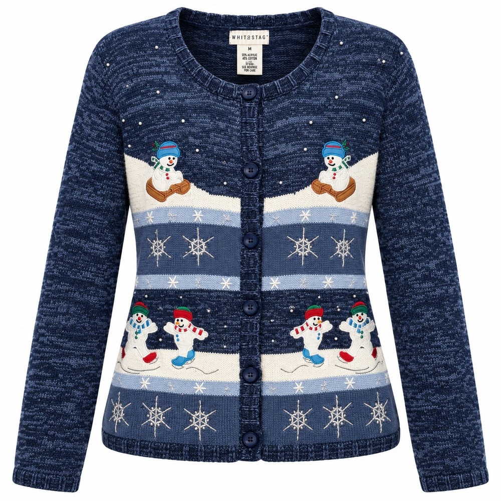 Vintage Ugly Christmas Sweater Cardigan Women Size XL Grannycore Snowman Kitschy